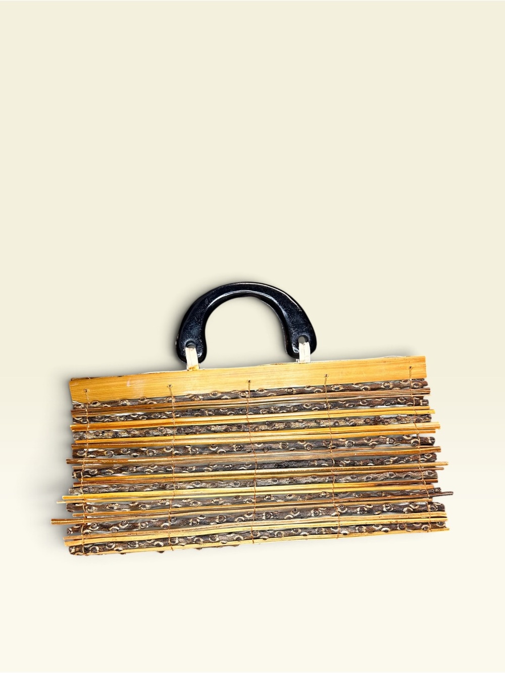 Vintage Wood Sticks & Twig Purse With Wood Handles 60's 70's Bag Boho Rockabilly